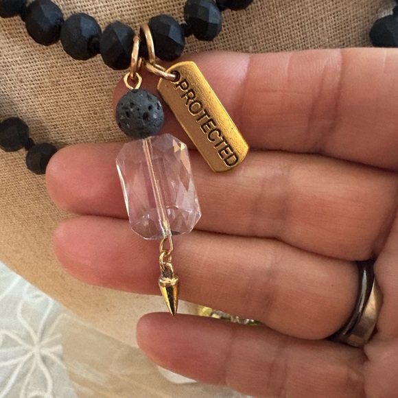 Queen Bee “Protected” Black and Gold Convertible Black Lava Bead Long Necklace - Picture 7 of 11